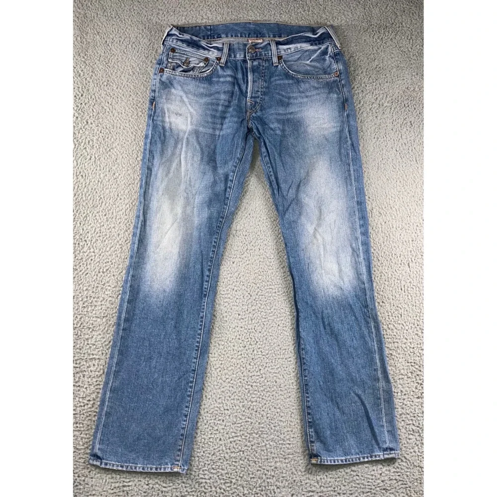 Vtg True Religion Slim Straight Jeans Men 34 Blue Flap Pocket Whiskered USA Made